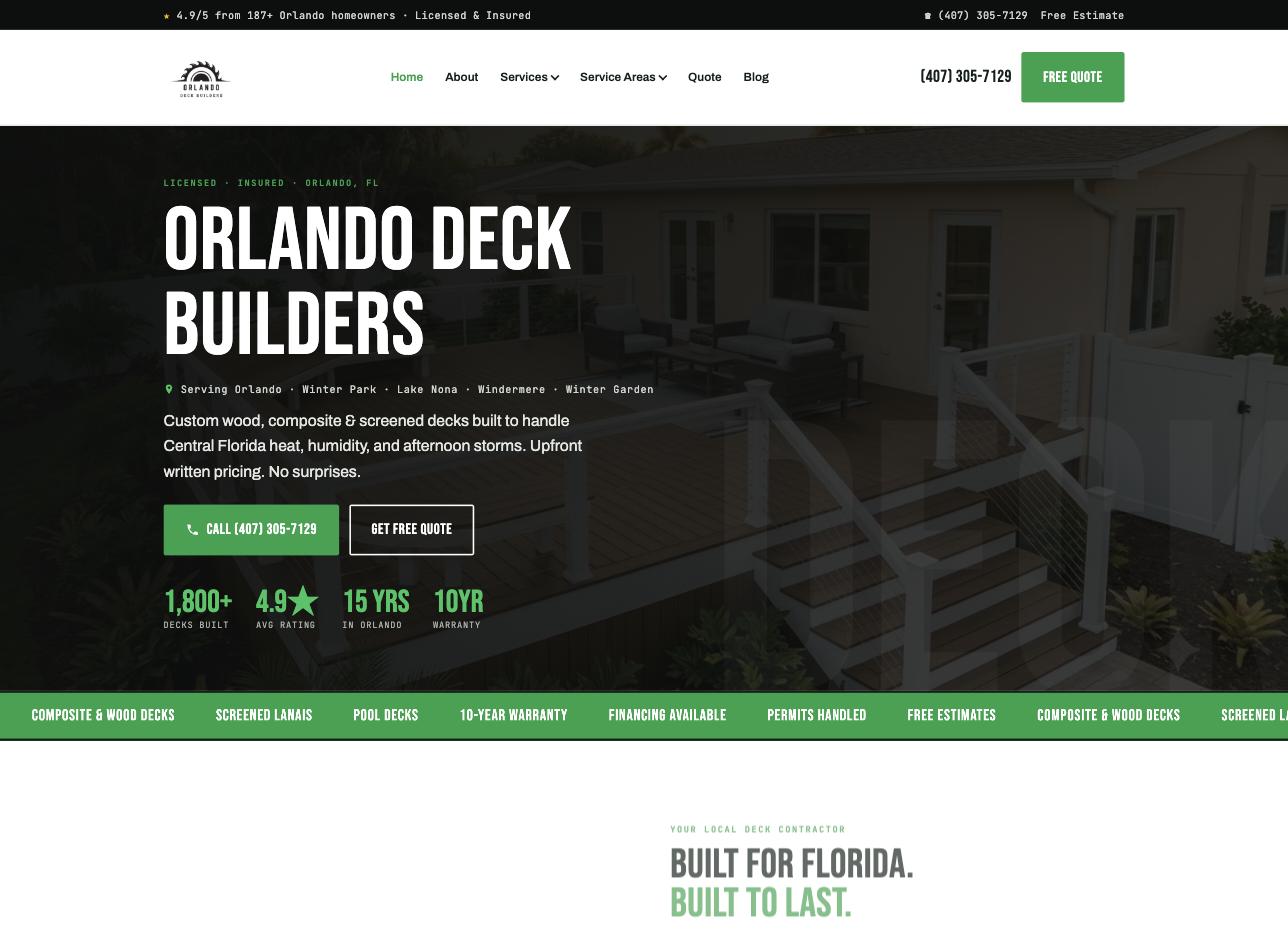 Deck Builders Orlando website built by Lakeland Web Design