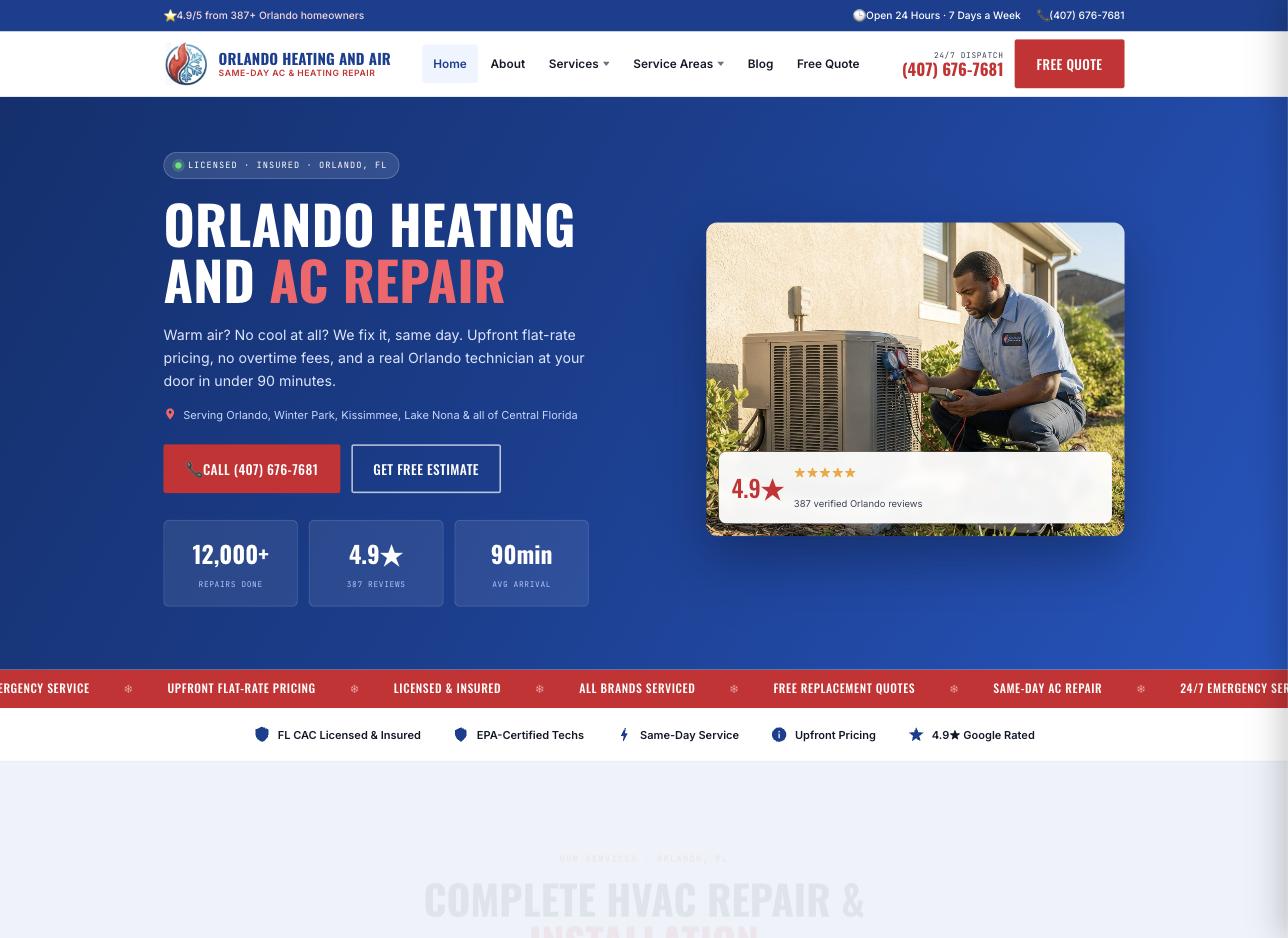 Orlando Heating and Air website built by Lakeland Web Design