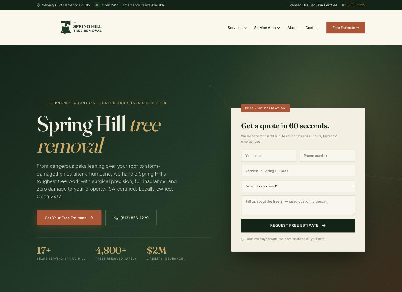 Spring Hill Tree Removal website built by Lakeland Web Design