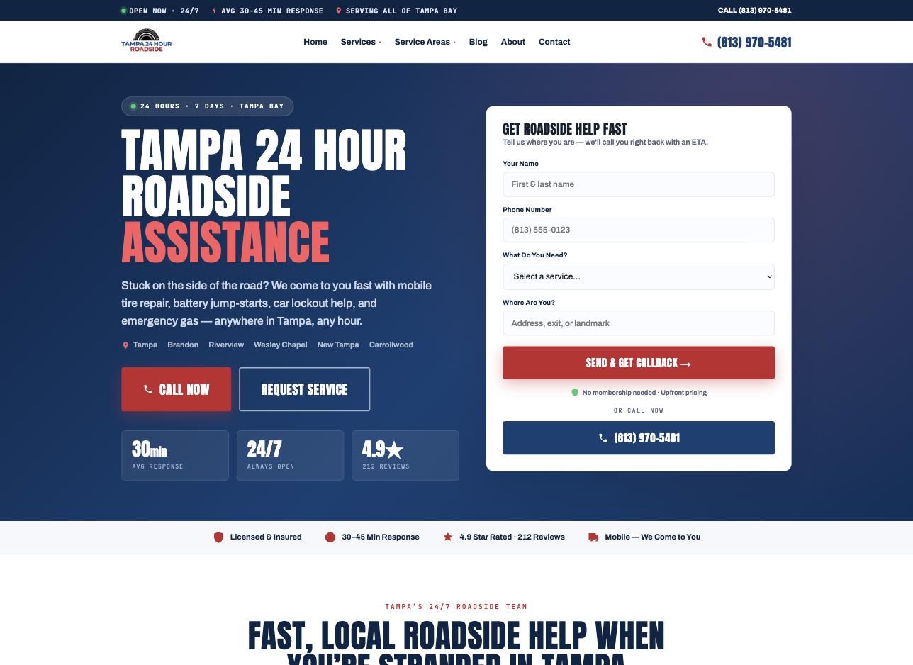 Tampa 24 Hour Roadside website built by Lakeland Web Design